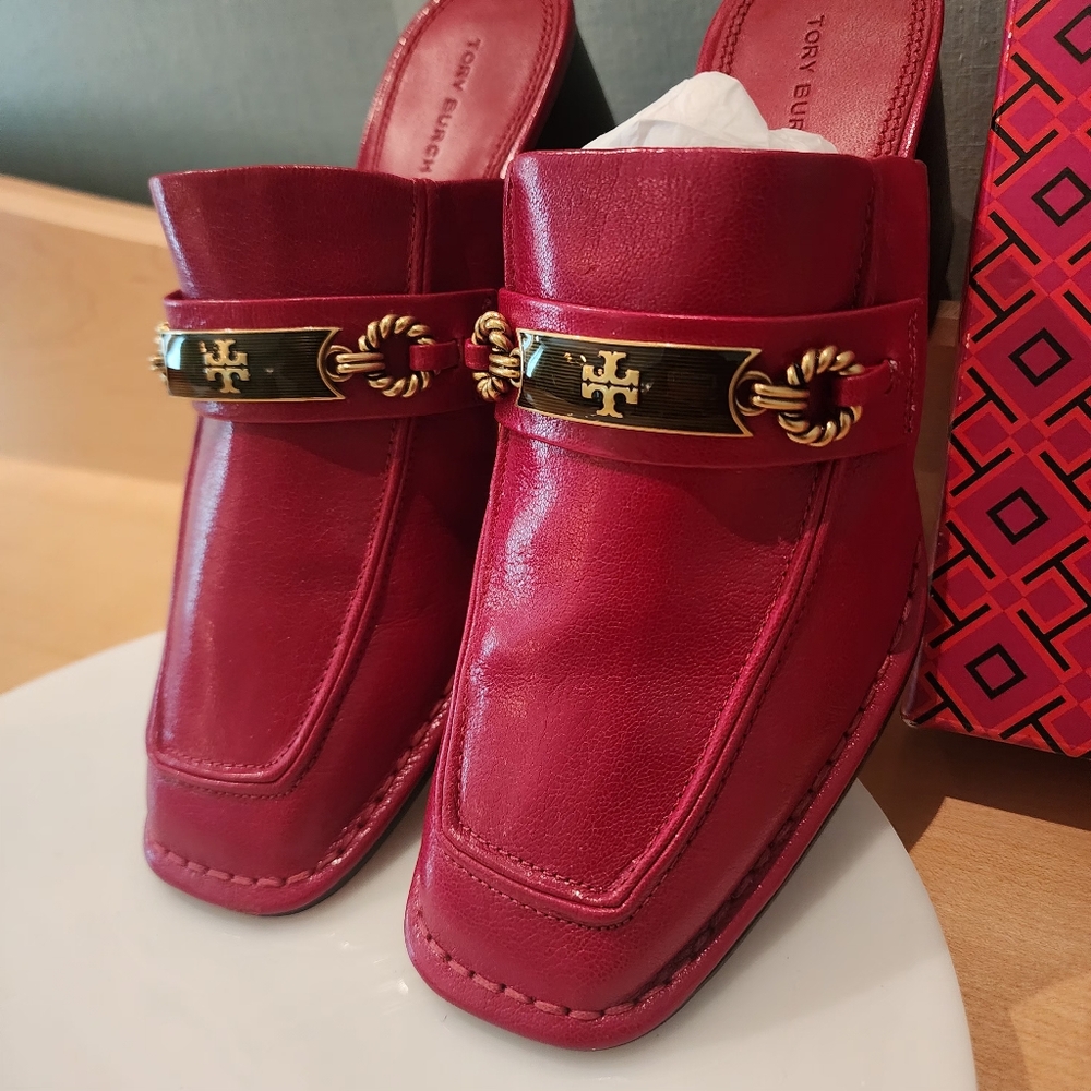 🔥Tory Burch | Red Perrine Mules with Gold Accents - Picture 3 of 17